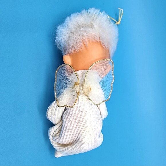 Vintage 1950s Shabby Pixie Angel Ornament Felt Knee Hugger Tinsel Sleepy Eyes - Picture 5 of 9